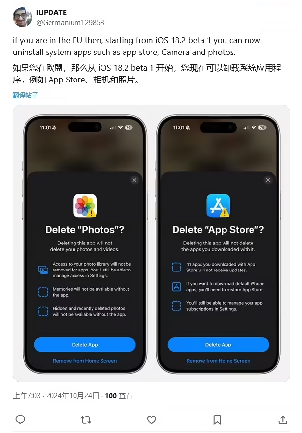 东城苹果手机维修分享iOS 18.2 支持删除 App Store 应用商店 