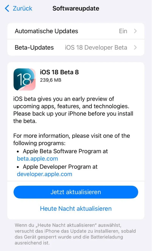 东城苹果手机维修分享苹果 iOS / iPadOS 18 开发者预览版 Beta 8 发布 